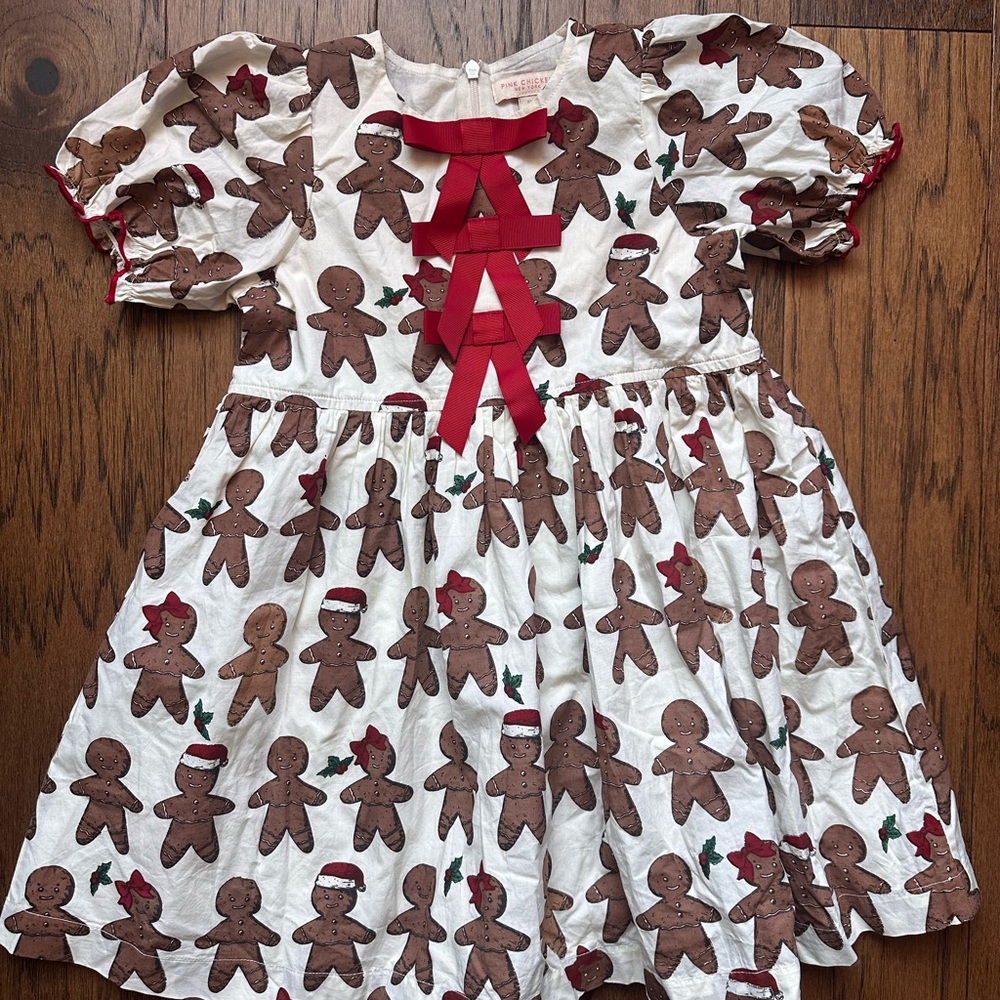 Pink Chicken Gingerbread Print Dress with Red Bows